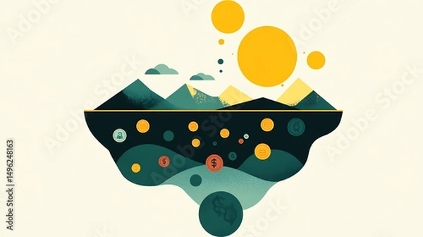 Obraz Abstract Mountain Landscape with Sun, and Gold.