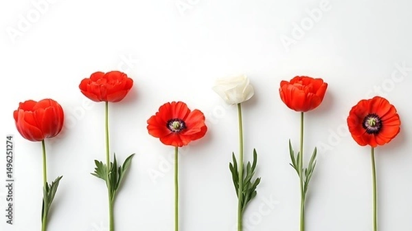 Obraz Red Poppies with White Rose, and Flatlay.