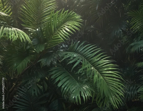Fototapeta Deep green palm leaves, rich texture, sunlight highlights, fronds, background