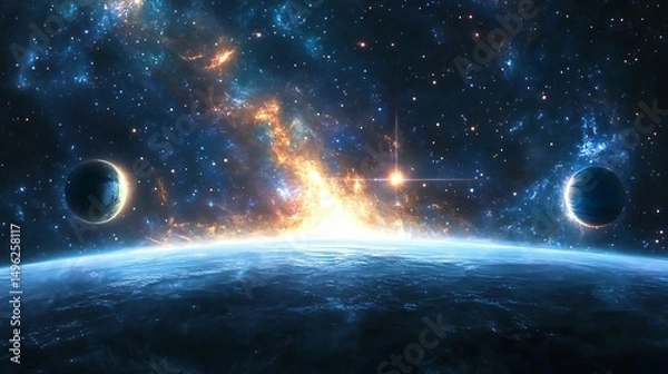 Obraz Alien Planet Sunrise with Nebula.