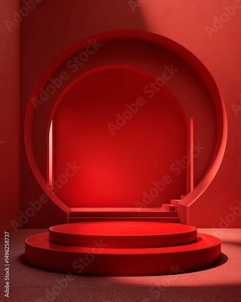Obraz Two-Tiered Cylindrical Platform in Red Architectural Setting