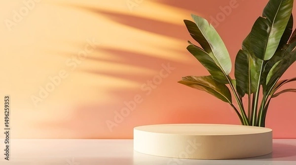 Obraz Beige podium with tropical leaves, and sunlight.
