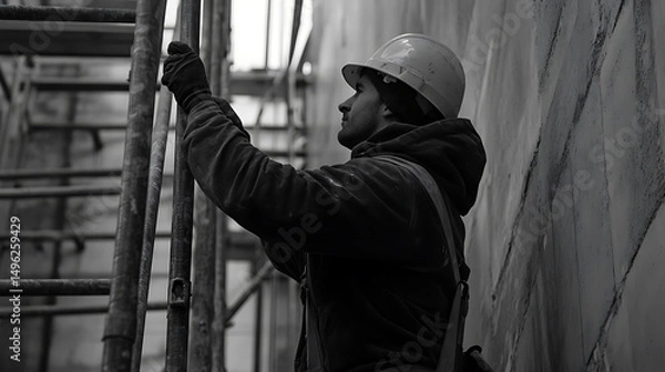 Fototapeta Construction Worker Ascending Scaffolding