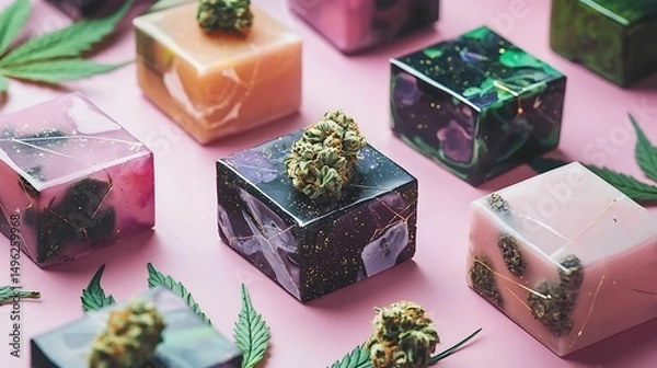 Obraz cannabis, gummies, edibles, hemp. Colorful resin cubes and cannabis buds arranged on a pink surface with marijuana leaves.