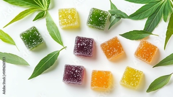 Obraz cannabis, gummies, edibles, hemp. Colorful gummy candies are arranged with cannabis leaves on a white background.