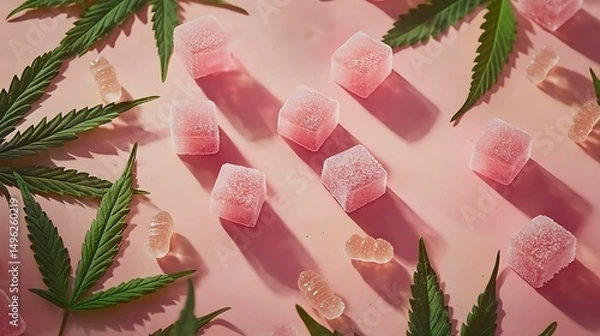 Obraz cannabis, gummies, edibles, hemp. Pink gummy candies and cannabis leaves are arranged on a pink surface with soft shadows.