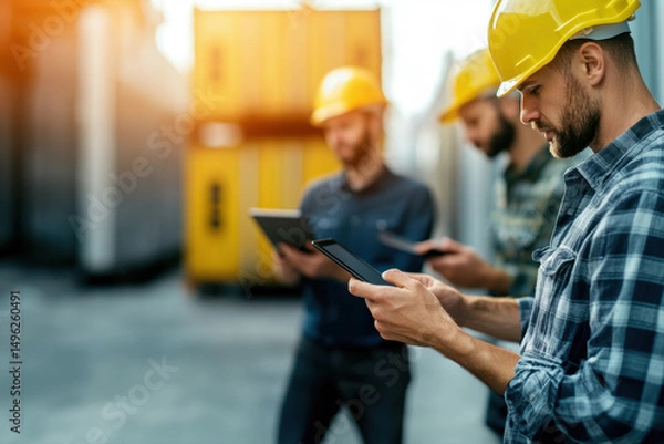 Fototapeta Professional logistics team workers in hard hats use digital devices in a warehouse setting, demonstrating modern supply chain management and efficient shipment coordination.