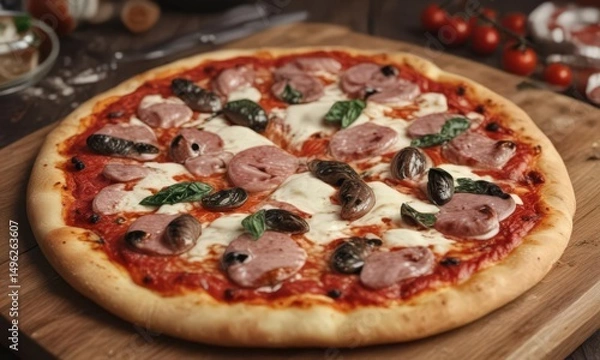 Fototapeta Classic Neapolitan pizza with melted mozzarella cheese, pizza,  culinary