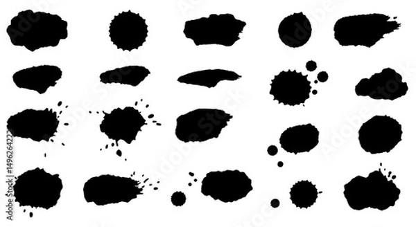 Obraz Ink Splatter Collection: A diverse set of 20 hand-drawn black ink splatters, each unique in size and shape, perfect for adding an artistic touch to your designs.