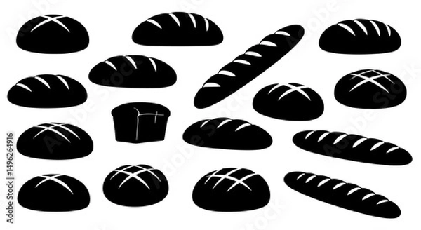 Fototapeta Bread Shapes Silhouettes: A set of 14 detailed black bread silhouettes, including round loaves, baguettes, and a loaf of bread. The silhouettes are isolated on a white background.