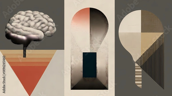 Obraz White brain light bulb icons on a gray background in a minimalist style representing intelligence innovation and simplicity in a clean modern design. minimalist. Illustration