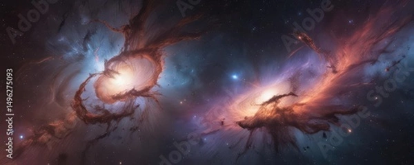 Fototapeta Vast, swirling nebula with distant star clusters ,  astronomical,  yellow