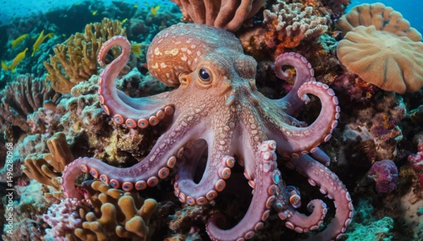Obraz Octopus Hiding in a Vibrant Coral Reef