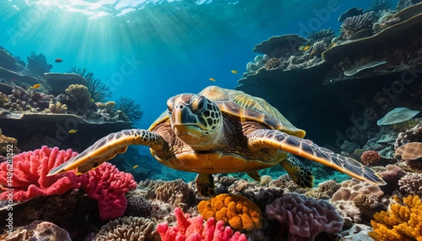 Obraz Turtle Navigating the Ocean Floor Gliding Past Vibrant Corals