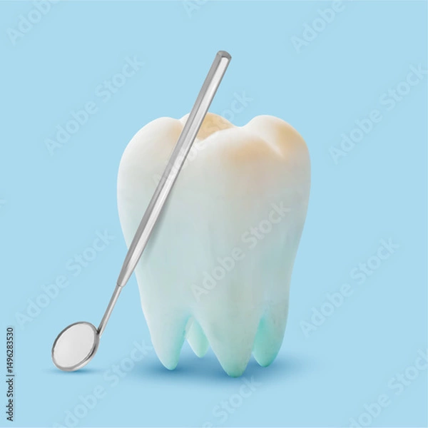 Obraz Realistic tooth icon with dental mirrow isolated on a blue background