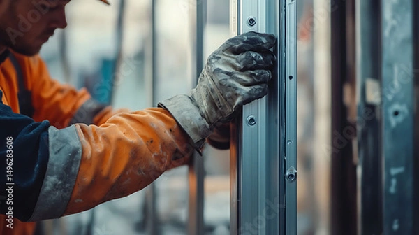 Fototapeta Construction Worker Installing Metal Stud Framing