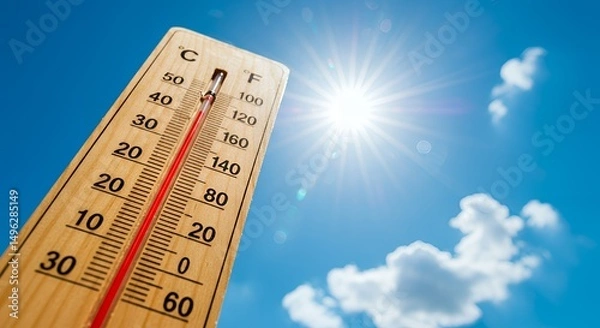 Fototapeta Outdoor thermometer displaying a high temperature on a sunny day.