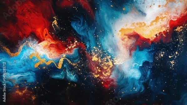 Fototapeta Abstract fluid art, vibrant colors and golden flakes swirl together in a mesmerizing display.  