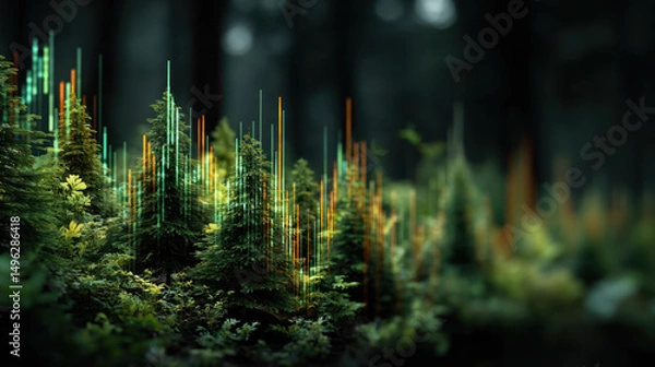 Fototapeta An abstract digital graph overlay on forest landscape symbolizing esg growth and green energy investment with futuristic and sleek design