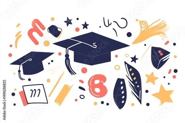 Fototapeta Graduation celebration wishcard cap and diploma illustration stars and confetti elements bold typography and academic symbols