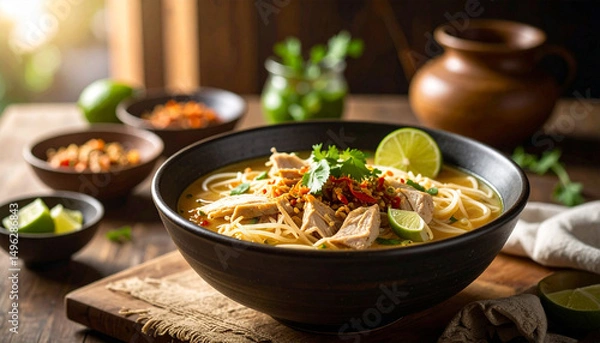 Obraz Halal soto ayam with sambal and lime, cozy morning at home with natural light