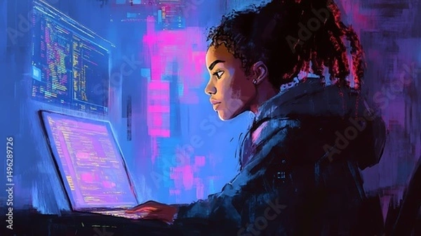 Fototapeta Coder Girl Night Cyberpunk Art.