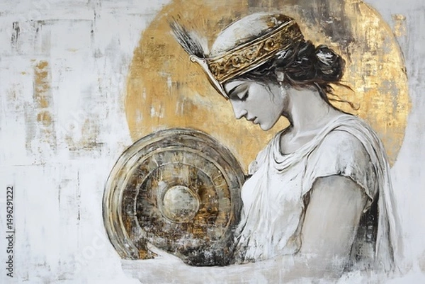 Fototapeta Greek mythology goddess Athena wearing helmet and holding a shield depicted on a pure white canvas