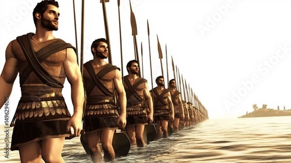 Fototapeta Greek mythology Jason leading Argonauts through the sea against a white background highlighting his journey