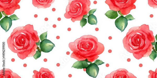 Fototapeta かわいい水彩バラとドットのナチュラルシームレスパターン｜水彩花、ローズデザイン、ガーリー、おしゃれ、フェミニン、植物模様、背景素材、包装紙、和洋兼用、布地デザインに最適