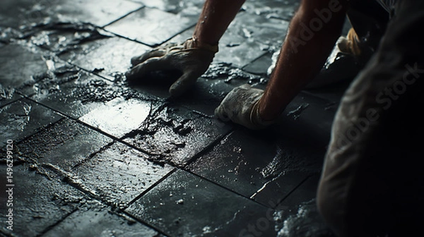 Fototapeta Worker Installing Tiles with Mortar