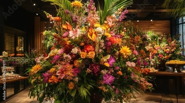 Fototapeta Vibrant floral arrangement.  A large, colorful display of flowers in a variety of hues.  Arrangement is a centerpiece, likely for an event