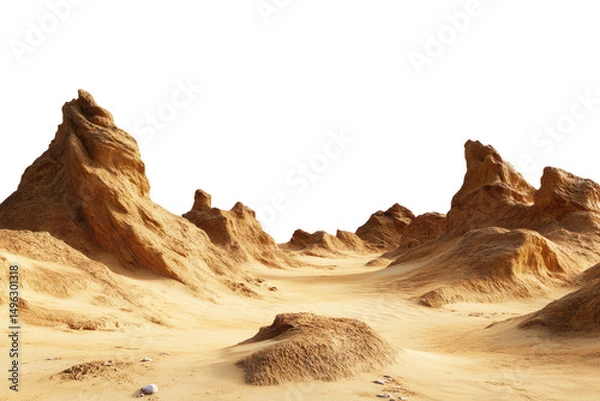 Obraz Sandy desert terrain with dry rocky hills and eroded sandstone formations under bright daylight isolated on a transparent background