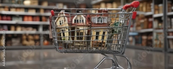 Fototapeta Miniature house model nestled in a grocery shopping cart ,  cart,  online store