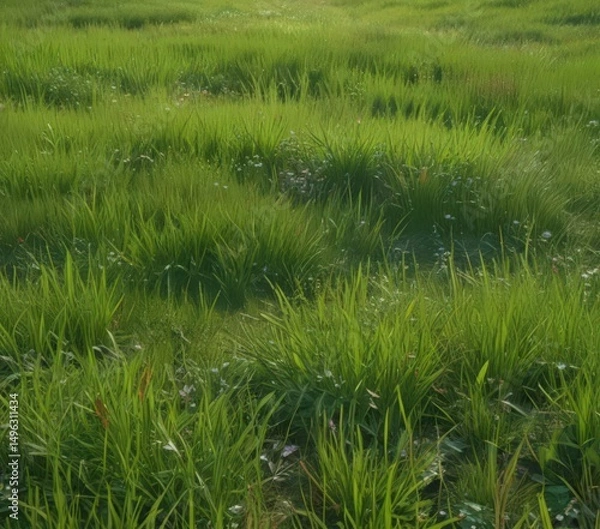 Fototapeta Textured green grass, abstract paint strokes, sunlit meadow vibe, meadow, style, spring