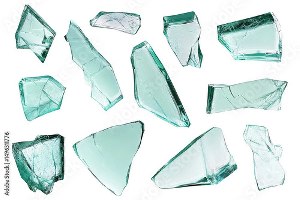 Obraz Collection of sharp broken glass pieces and shattered green glass shards arranged randomly isolated on a transparent background