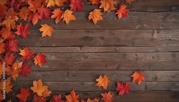 Fototapeta Vibrant red & orange maple leaves scattered on rustic wood ,  backdrop,  brown