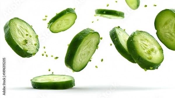 Fototapeta Fresh Falling Pickled Cucumber Slices Isolated on White Background