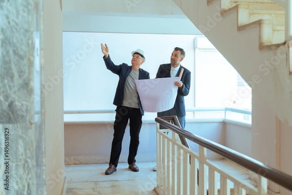 Fototapeta Architect and engineer reviewing blueprints at construction site