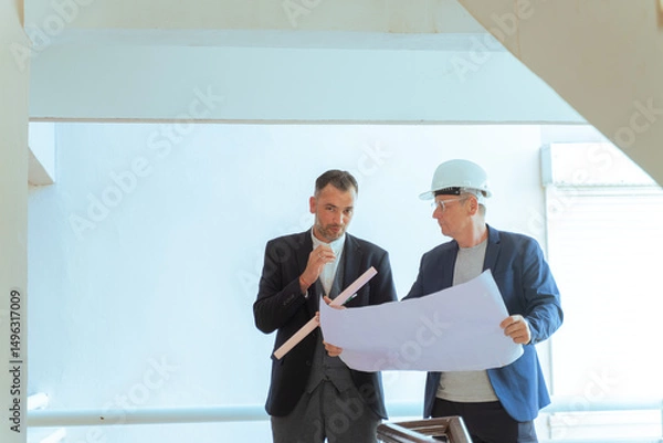 Fototapeta Architect and engineer reviewing blueprints at construction site