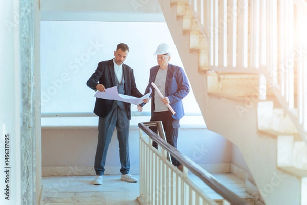 Fototapeta Architect and engineer reviewing blueprints at construction site