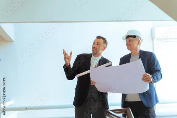 Fototapeta Architect and engineer reviewing blueprints at construction site