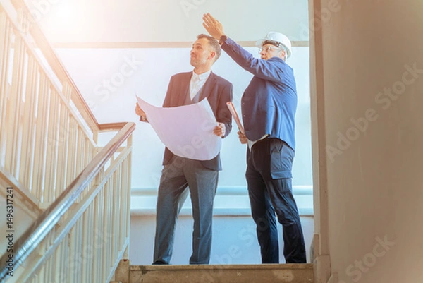 Fototapeta Architect and engineer reviewing blueprints at construction site