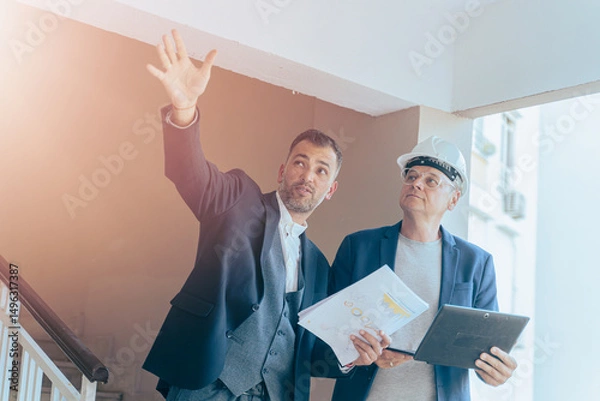 Fototapeta Architect and engineer reviewing blueprints at construction site