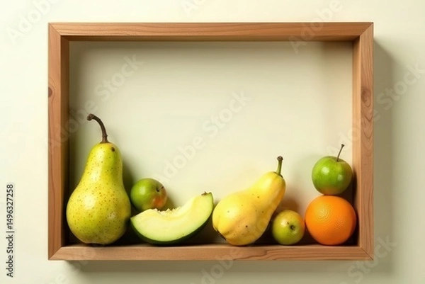 Fototapeta A simple wooden frame showcases a vibrant still life of assorted fresh fruit, including pears, apples, and a cantaloupe slice, arranged artfully on a neutral background.