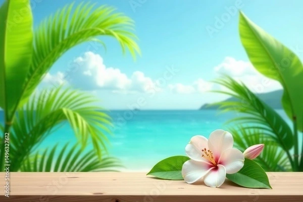 Fototapeta Serene Tropical Escape A Single Exotic Blossom Rests on a Wooden Surface, Framed by Lush Palm Fronds and the Tranquil Azure Ocean in the Background