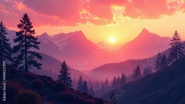 Fototapeta Serene Sunset Over Majestic Mountain Range, Silhouetted Conifers Adorn Rolling Hills, Painted in Vibrant Hues of Pink and Purple