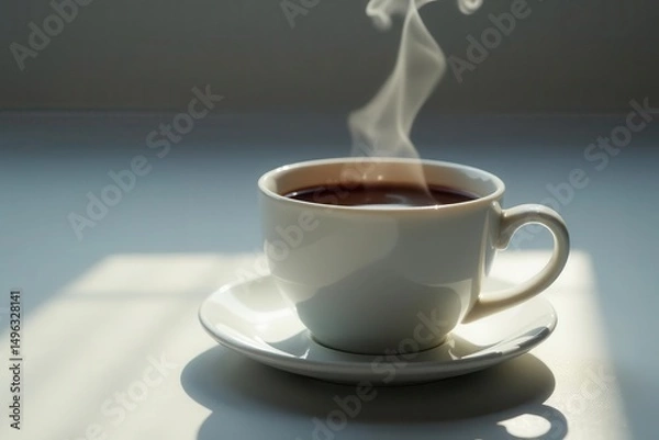 Fototapeta Aromatic Coffee in a White Cup on a Saucer, Basking in Sunlight