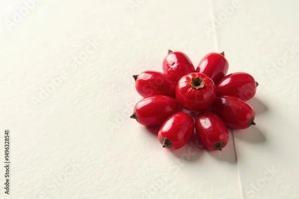Fototapeta A vibrant cluster of glossy red berries arranged in a captivating floral pattern, showcasing their rich color and smooth texture against a subtly textured off-white backdrop.