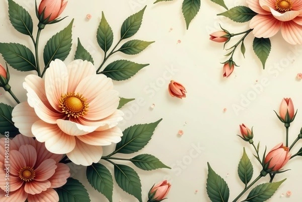 Fototapeta Elegant Peach Blossom Floral Arrangement with Green Leaves on a Soft Background