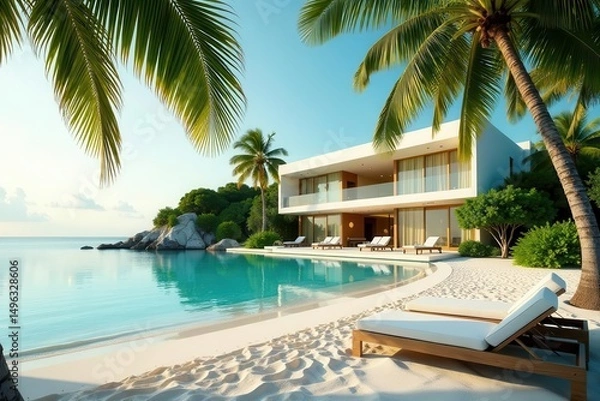Fototapeta Luxurious beachfront villa with infinity pool and pristine white sand, offering tranquil escape and breathtaking ocean views